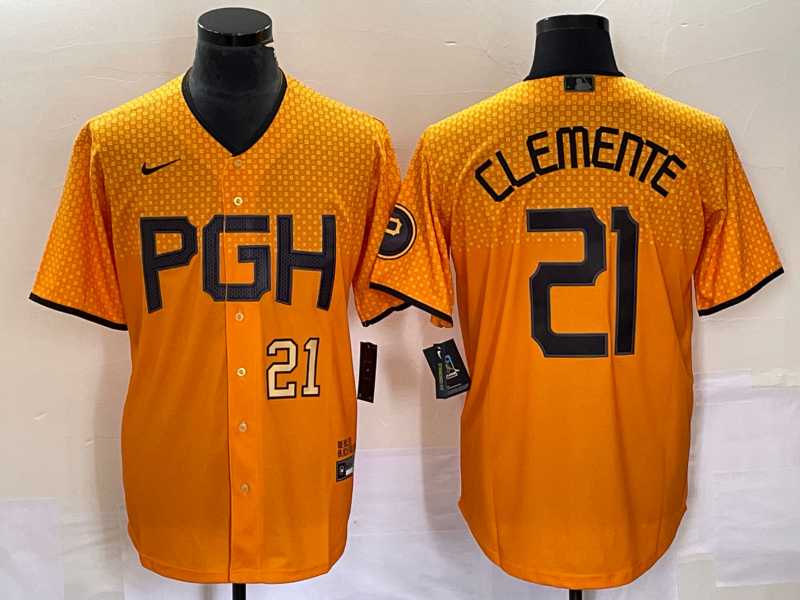 Mens Pittsburgh Pirates #21 Roberto Clemente Number Gold 2023 City Connect Stitched Jersey2